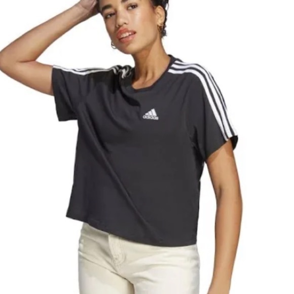 NWT Adidas Essentials 3 Stripe Cropped Tee in Pink Coral Size Medium - Picture 2 of 6